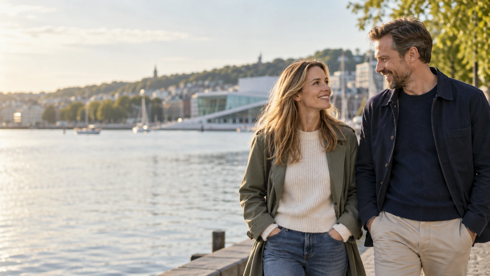 An adult couple enjoying a conversation by a Scandinavian waterfront